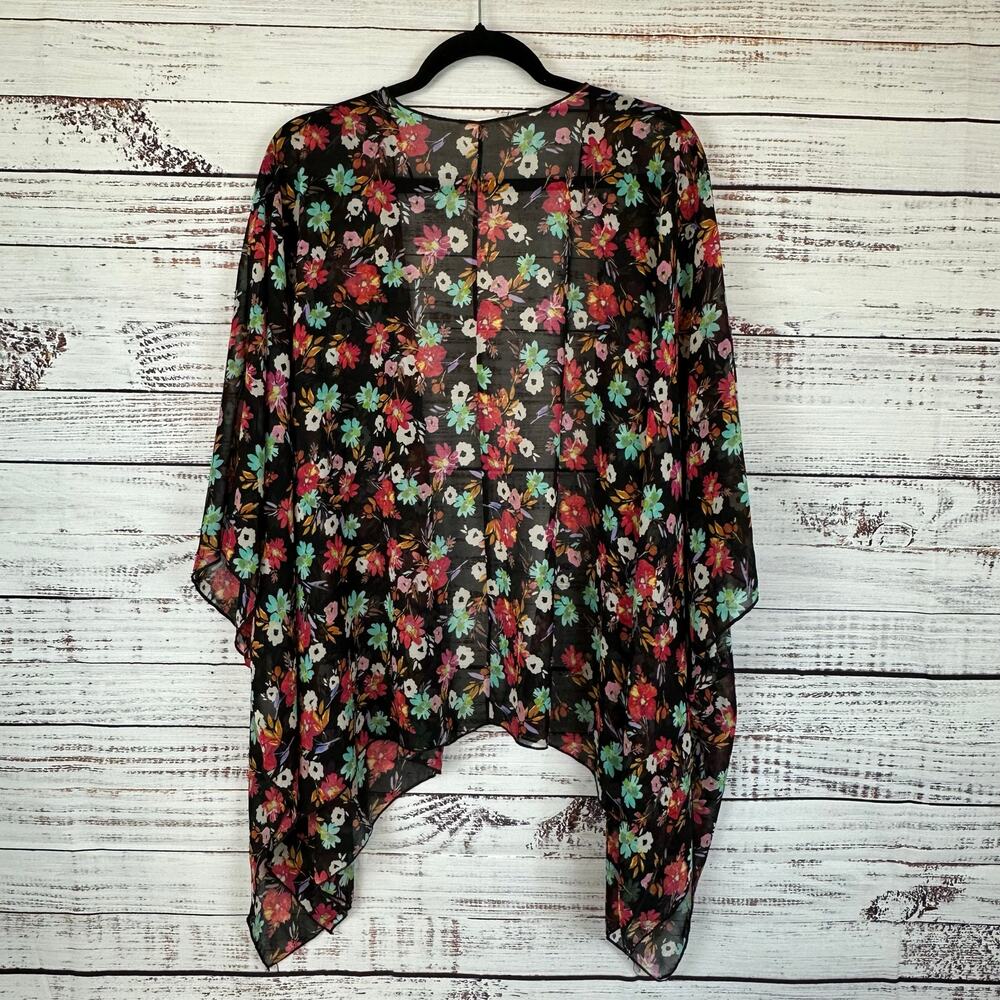 Nymphe Los Angeles Black Multi Color Boho Floral Sheer Kimono Womens ONE SIZE